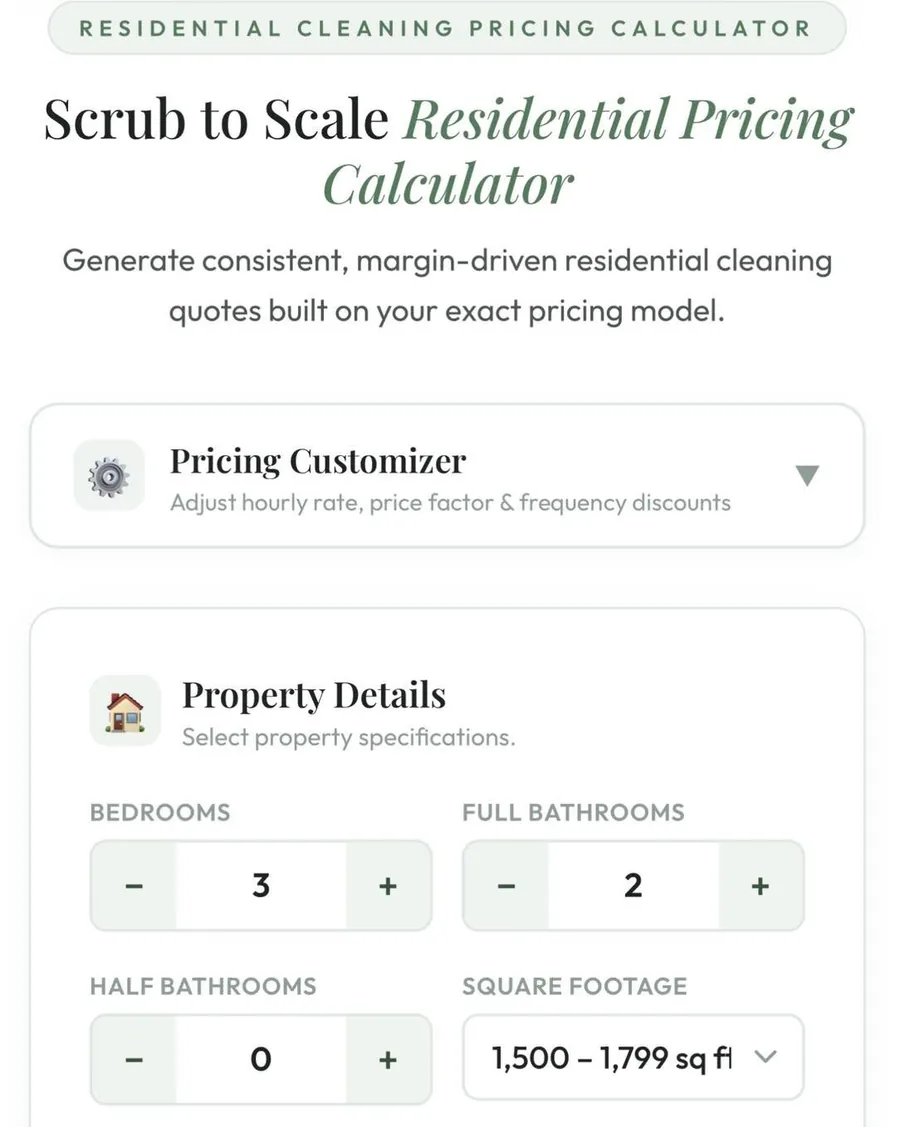 The real calculator on a phone: bedrooms, full and half bathrooms, square footage, and the pricing customizer