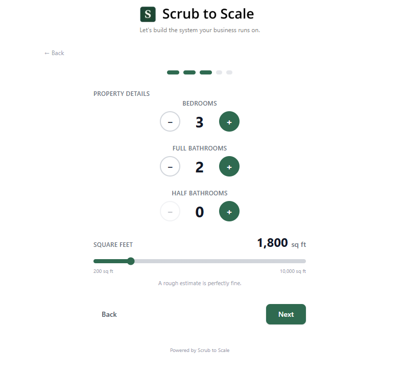 Scrub to Scale website estimator showing an instant cleaning quote, bedrooms, bathrooms, and square-footage inputs
