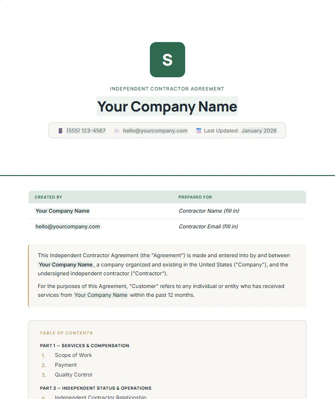 The independent contractor agreement, with your company name and governing state filled in