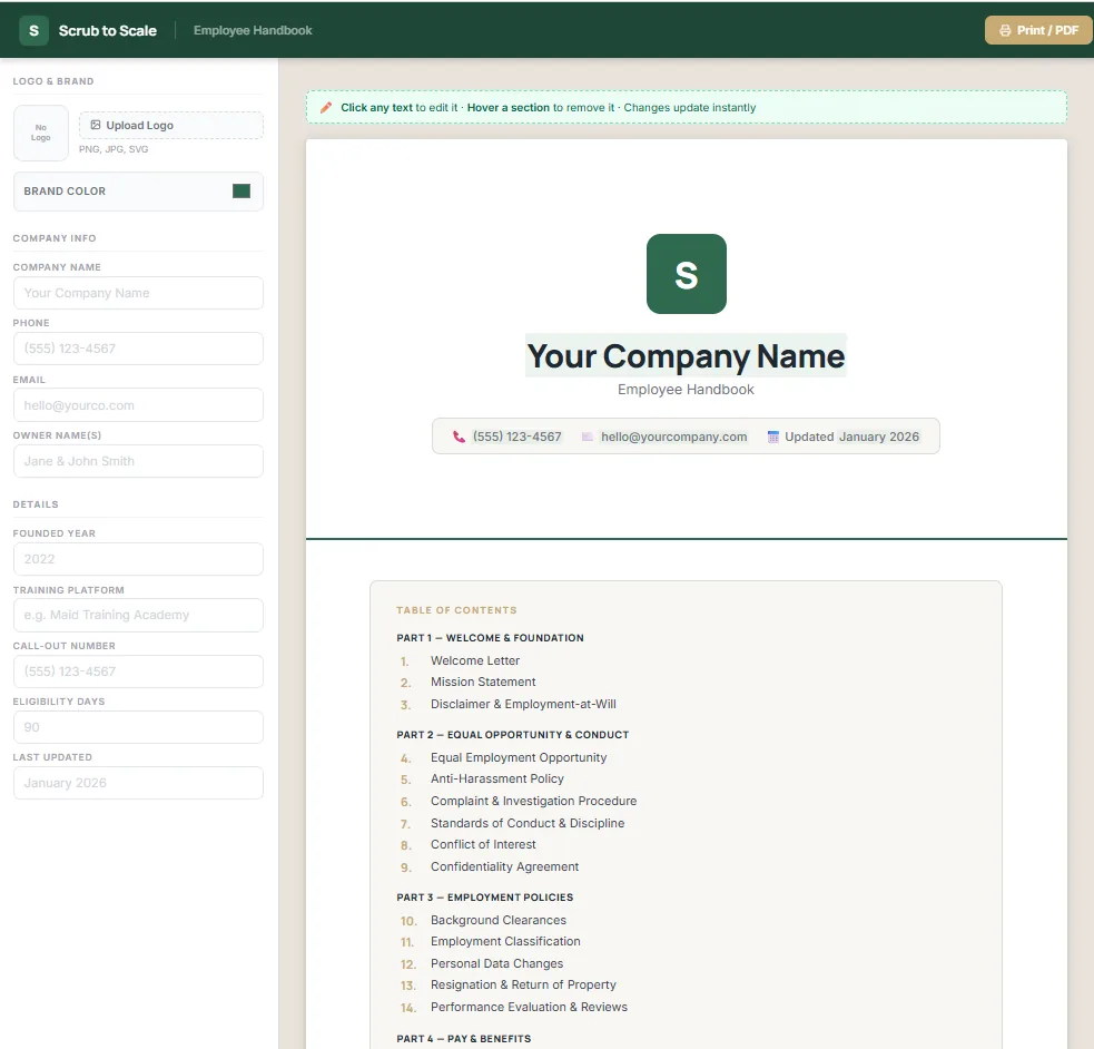 The Hiring Bundle editor: the employee handbook beside a sidebar for your logo, brand color, and company details