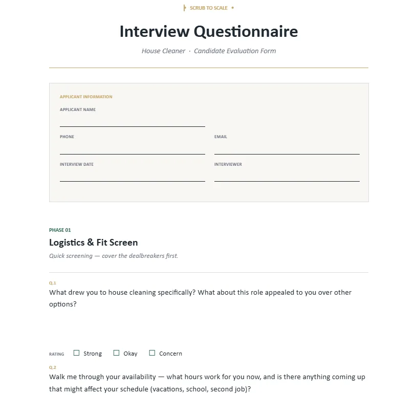 The interview questionnaire, with a Strong, Okay, or Concern rating under every question