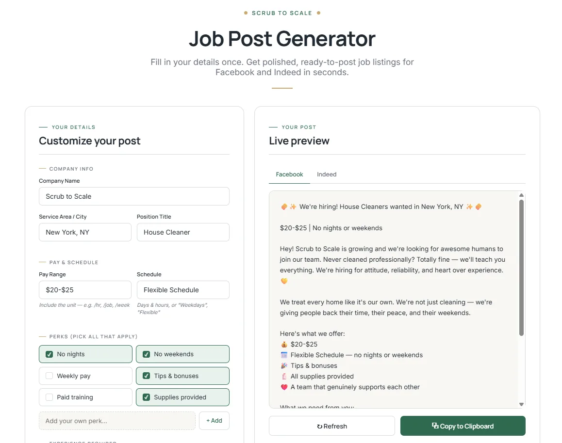 The job post generator, with a live preview of a Facebook job listing